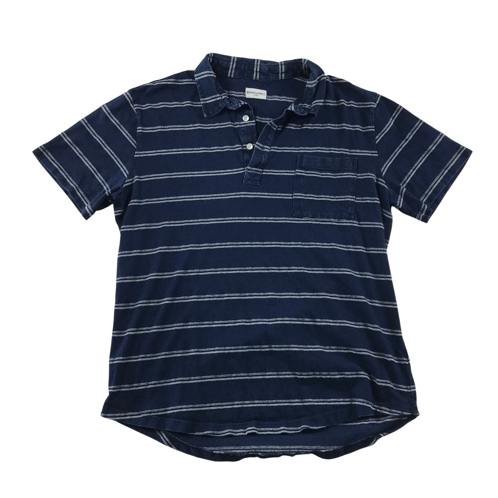Bridge & Burn Mens Large Navy Blue Striped Short Sleeve Pocket Polo Shirt